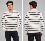 Polo Yaka Yarım Fermuarlı Çizgili Desenli Triko Sweatshirt -   BEJ   ST 508