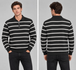 Polo Yaka Yarım Fermuarlı Çizgili Desenli Triko Sweatshirt - SİYAH  ST 508