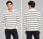 Polo Yaka Yarım Fermuarlı Çizgili Desenli Triko Sweatshirt - BEYAZ     ST 508