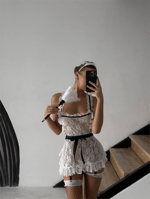 Beyaz Transparan Dantelli Hizmetçi / Maid Fantezi Kostüm Takımı