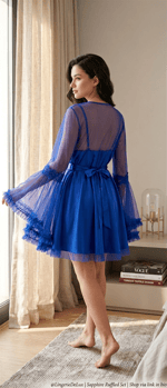 Blue Velvet Romance Saten Gecelik & Çiçek Aplikeli Tül Sabahlık Takımı - Saks Mavi