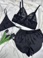 Dantel Bralet & Saten Şort 3 Parça Takım - Siyah
