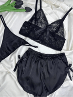 Dantel Bralet & Saten Şort 3 Parça Takım - Siyah