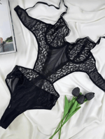 Dantel ve Tül Detaylı Bodysuit - Siyah