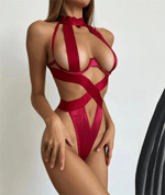 Halter Yaka Çapraz Şeritli & Tül Detaylı Fantezi Body - Kırmızı