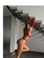 Halter Yaka Çapraz Şeritli & Tül Detaylı Fantezi Body - Kırmızı