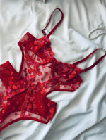 Kalp Nakışlı Transparan Tül Bodysuit - Kırmızı