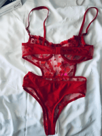 Kalp Nakışlı Transparan Tül Bodysuit - Kırmızı