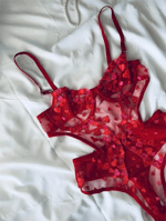 Kalp Nakışlı Transparan Tül Bodysuit - Kırmızı