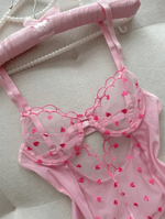 Kalp Nakışlı Transparan Tül Bodysuit - Pembe