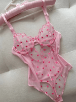 Kalp Nakışlı Transparan Tül Bodysuit - Pembe