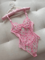 Kalp Nakışlı Transparan Tül Bodysuit - Pembe