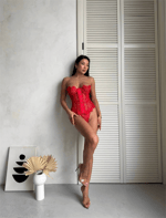 Kırmızı Fransız Dantelli Agraflı Straplez Korse Bustiyer & String Takım