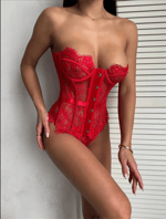 Kırmızı Fransız Dantelli Agraflı Straplez Korse Bustiyer & String Takım