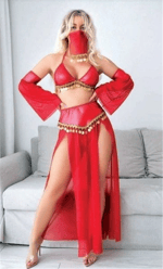 Kırmızı Zilli Oryantal Harem Kostümü ve Tül Yırtmaçlı Etek Fantezi Takım