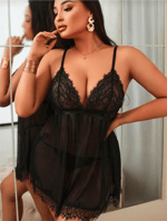 Kirpik Dantelli Şeffaf Askılı Babydoll Gecelik - Siyah