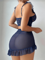 Lacivert Dantel Bralet & Fırfırlı Tül Etek 3 Parça Takım