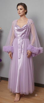 Lavender Dream Taş İşlemeli Saten Gecelik & Fırfırlı Tül Sabahlık Takımı - Lila
