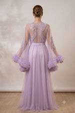 Lavender Dream Taş İşlemeli Saten Gecelik & Fırfırlı Tül Sabahlık Takımı - Lila