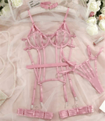 Pudra Pembe Strappy Şerit Detaylı Jartiyerli Bodysuit Takım