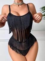 Siyah Püsküllü Transparan Tül Korseli Fantezi Body
