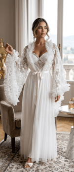 Victoria Vintage 3D Çiçek İşlemeli Fırfırlı Tül Sabahlık & Şifon Gecelik Takımı - Beyaz