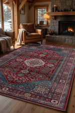 Anadolu Motifli Kırmızı Turkuaz Otantik Kaymaz Tabanlı Salon Halısı 2231