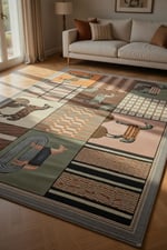 At Motifli Geometrik Patchwork Halı - Modern Etnik Kahverengi Salon Halısı