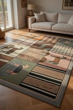 At Motifli Geometrik Patchwork Halı - Modern Etnik Kahverengi Salon Halısı