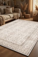 Bej Vintage Eskitme Halı Klasik Desenli Salon Oturma Odası Halısı 2193
