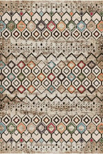 Bej Zeminli Renkli Baklava Desenli Etnik Modern Vintage Görünümlü Dekoratif Salon Halısı 2131