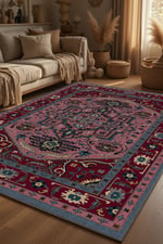 Bohem Otantik Desenli Bordo Pembe Dekoratif Halı – Kaymaz Taban 2218