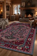 Bohem Otantik Desenli Bordo Pembe Dekoratif Halı – Kaymaz Taban 2218