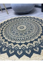 Boho 900 Mandala Desenli Etnik Örgü Yuvarlak Natural Çift Taraflı Halı