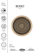 Boho 900 Mandala Desenli Etnik Örgü Yuvarlak Natural Çift Taraflı Halı
