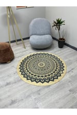 Boho 900 Mandala Desenli Etnik Örgü Yuvarlak Natural Çift Taraflı Halı