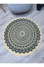 Boho 900 Mandala Desenli Etnik Örgü Yuvarlak Natural Çift Taraflı Halı