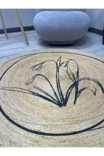 Boho 902 Jüt Doğa Iplik Ile Üretilmiş Çiçek Desenli Yuvarlak Natural Renk Çift Taraflı Halı