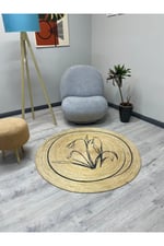 Boho 902 Jüt Doğa Iplik Ile Üretilmiş Çiçek Desenli Yuvarlak Natural Renk Çift Taraflı Halı