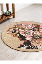 Boho 905 Jut Renkli Kadın Temalı Etnik Örgü Yuvarlak Natural Renk Çift Taraflı Halı