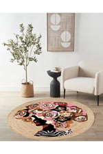 Boho 905 Jut Renkli Kadın Temalı Etnik Örgü Yuvarlak Natural Renk Çift Taraflı Halı