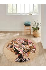 Boho 905 Jut Renkli Kadın Temalı Etnik Örgü Yuvarlak Natural Renk Çift Taraflı Halı