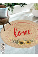 Boho 911 Jüt Doğa Iplik Ile Üretilmiş Love Desenli Yuvarlak Natural Renk Çift Taraflı Halı