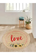 Boho 911 Jüt Doğa Iplik Ile Üretilmiş Love Desenli Yuvarlak Natural Renk Çift Taraflı Halı