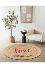 Boho 911 Jüt Doğa Iplik Ile Üretilmiş Love Desenli Yuvarlak Natural Renk Çift Taraflı Halı