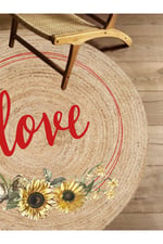 Boho 911 Jüt Doğa Iplik Ile Üretilmiş Love Desenli Yuvarlak Natural Renk Çift Taraflı Halı