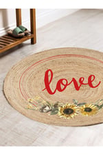 Boho 911 Jüt Doğa Iplik Ile Üretilmiş Love Desenli Yuvarlak Natural Renk Çift Taraflı Halı