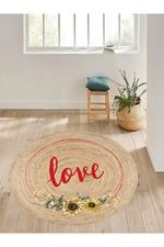 Boho 911 Jüt Doğa Iplik Ile Üretilmiş Love Desenli Yuvarlak Natural Renk Çift Taraflı Halı