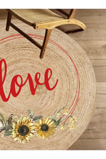 Boho 911 Jüt Doğa Iplik Ile Üretilmiş Love Desenli Yuvarlak Natural Renk Çift Taraflı Halı