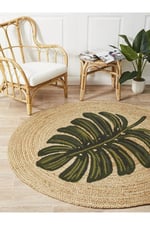 Boho 912 Yaprak Minimalist Tema Etnik Örgü Yuvarlak Natural Renk Çift Taraflı Halı